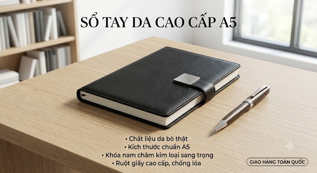  Ưu điểm nổi bật:  Bìa da cao cấp: Cảm giác cầm chắc tay, bền đẹp theo thời gian  Khóa nam châm tiện lợi: Đóng mở nhanh, giữ sổ luôn gọn gàng  Kích thước A5 tiêu chuẩn: Vừa đủ rộng để ghi chú, vừa dễ dàng mang theo trong túi xách, balo  Thiết kế tối giản: Phù hợp với phong cách cá nhân, dân văn phòng, học sinh, sinh viên  Có thể sử dụng làm sổ ghi chép, sổ kế hoạch, nhật ký, sổ viết ý tưởng