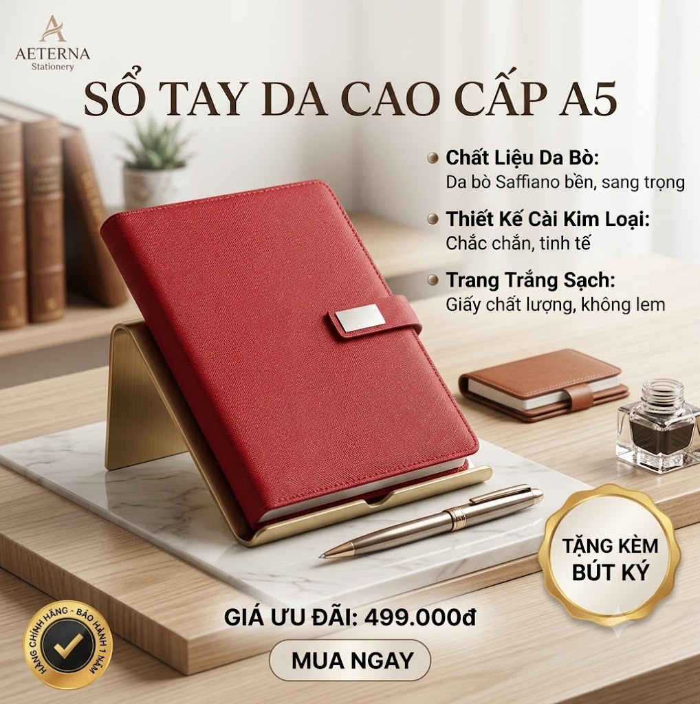  Ưu điểm nổi bật:  Bìa da cao cấp: Cảm giác cầm chắc tay, bền đẹp theo thời gian  Khóa nam châm tiện lợi: Đóng mở nhanh, giữ sổ luôn gọn gàng  Kích thước A5 tiêu chuẩn: Vừa đủ rộng để ghi chú, vừa dễ dàng mang theo trong túi xách, balo  Thiết kế tối giản: Phù hợp với phong cách cá nhân, dân văn phòng, học sinh, sinh viên  Có thể sử dụng làm sổ ghi chép, sổ kế hoạch, nhật ký, sổ viết ý tưởng